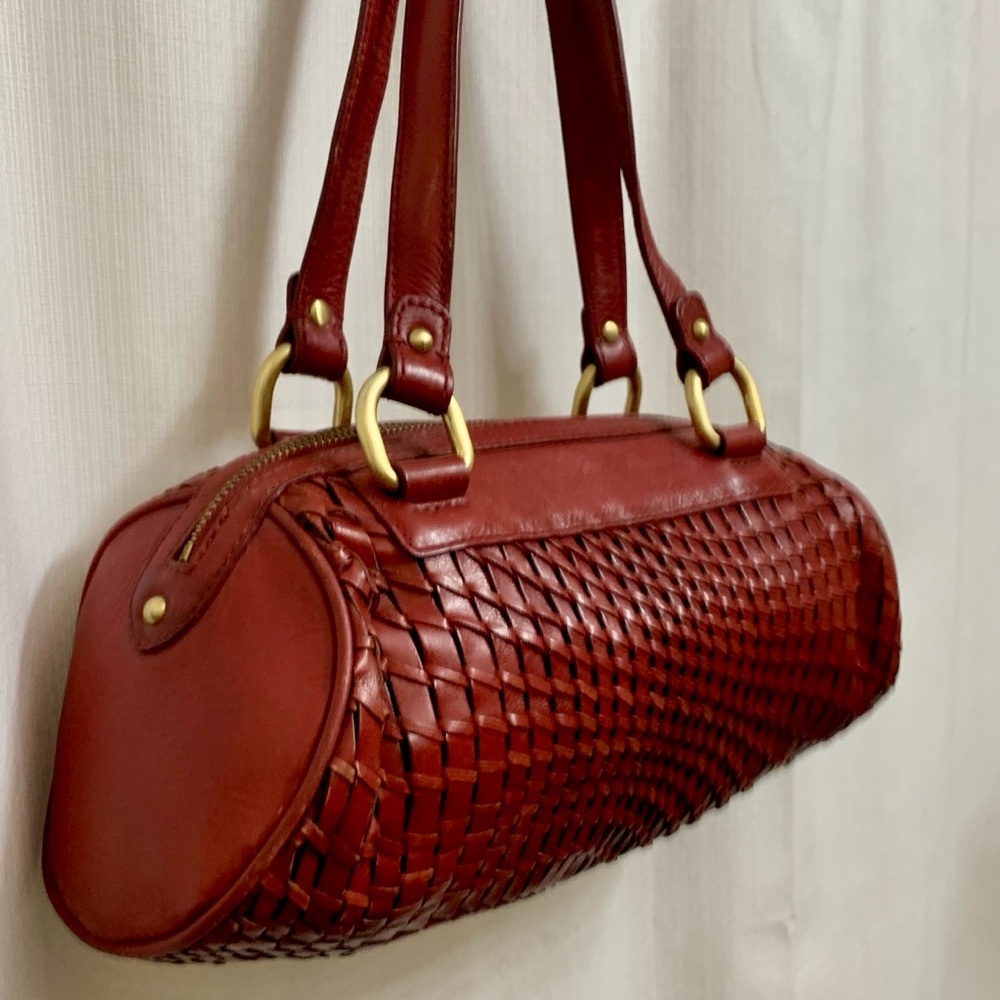 RARE Cole Haan Intrecciato Burgundy Red Woven Leather Barrel Cylinder Bag